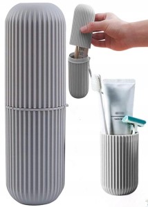 Pojemnik etui na szczoteczkę do łazienki podróżne kubek 3w1 szare ryflowane