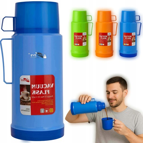 Termos plastikowy z kubkiem utrzymuje ciepło i zimno w trasę na piknik 0,45