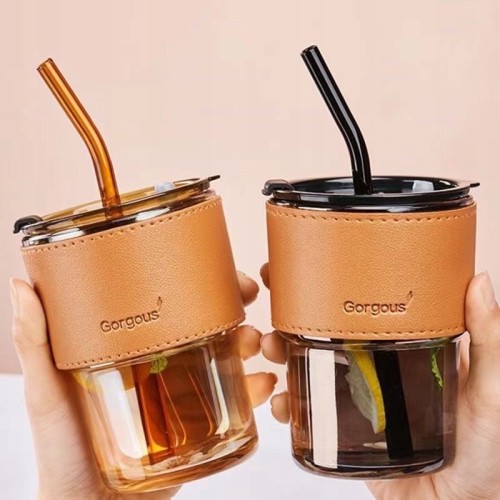 Szklany kubek ze słomką na lemoniadę sok wodę 300 ml DO SAMOCHODU