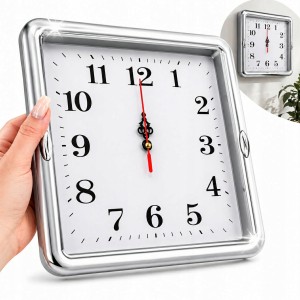 Zegar ścienny srebrny kwadratowy cichy mechanizm czytelny dekoracyjny