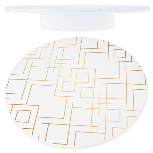 Plastikowa patera na ciasto fi 28 cm- złote geometryczne wzory